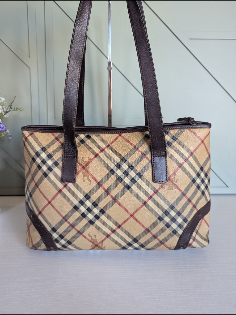 Burberry Beige Plaid Tote with Dark Brown Leather Trim - Picture 4 of 15